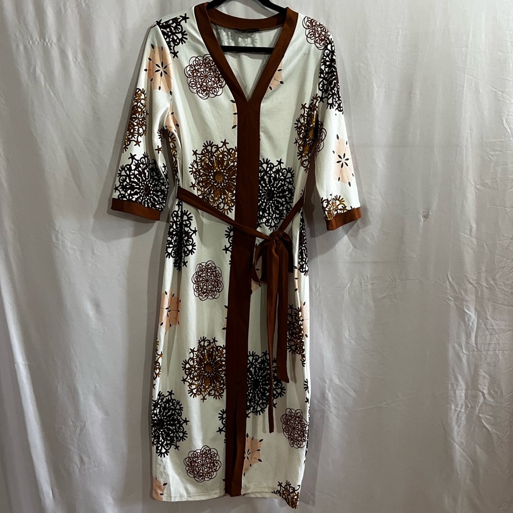 SHEIN Curve 2XL Wrap Brown and White Print Belted MidiDress